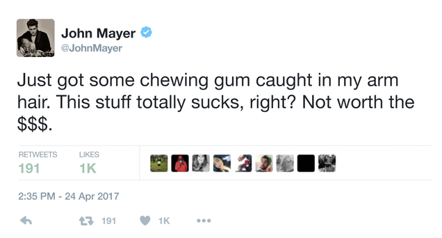 Illustration for article titled Uh Oh: Did John Mayer Forget What Chewing Gum Was Partway Through His Twitter Rant Against It?